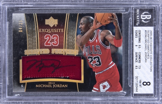 2005/06 UD "Exquisite Collection" Scripted Swatches #SS-MJ Michael Jordan Signed Game Used Patch Card (#04/25) – BGS NM-MT 8/BGS 10
